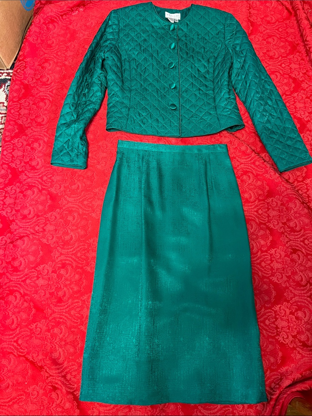 Papell Petites Vintage Silk Skirt Suit 4P Emerald Green Quilted Jacket 2 Pc